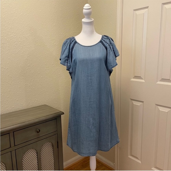 Cato Denim Blue Embroidered Flutter Bell Sleeve Pockets A-Line Pullover Dress M - Picture 1 of 14